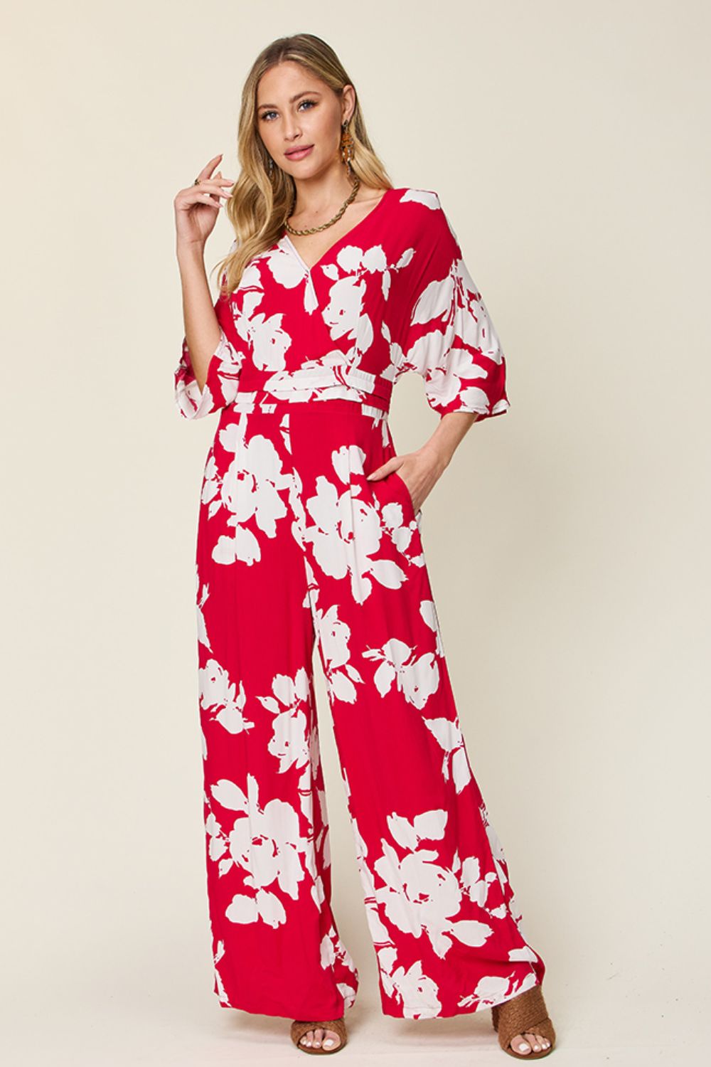 Two piece Set Full Size Printed Tie Back Wide Leg Jumpsuit